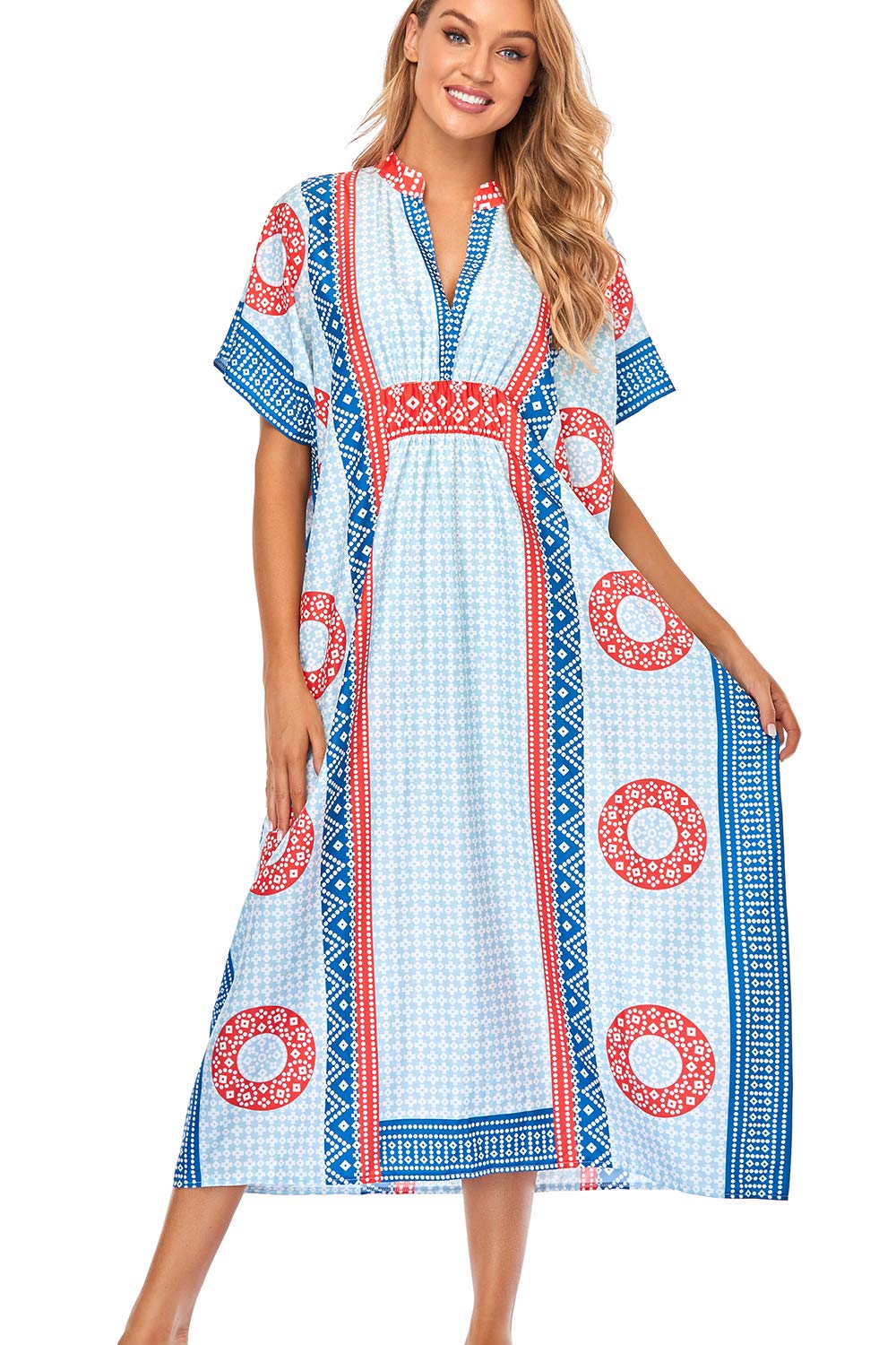 YouKD Women's Summer Long Kaftan Maxi Bohemian Dress Beach Coverups Bikini Robe Loungewear One Size