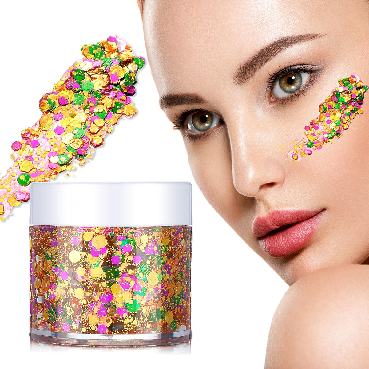 Swiffen 2 Pcs Mardi Gras Face Glitter 0.7 oz Chunky Glitter Purple Gold Green Glitter Gel Music Festival Rave Sequins Body Glitter Gel for Face Body Hair Rave Accessories and Costume Party Dance