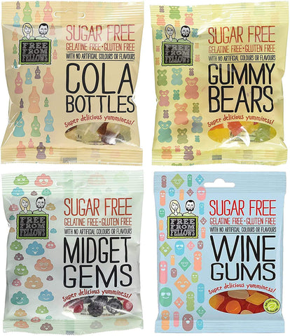Sugar Free Sweets and Gluten Free Vegan Sweets! Free from Fellows 4 X 70g Sweet Packs - Cola Bottles, Gummy Bears, Wine Gums, and Midget Gems Value PackÃƒÆ’Ã†â€™ÃƒÂ¢Ã¢â€šÂ¬Ã…Â¡ÃƒÆ’Ã¢â‚¬Å¡Ãƒâ€šÃ‚Â Sugarless Yummy Delicious Gelatin Free
