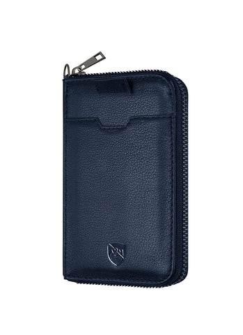 ALLEN & MATE Mens Leather Wallet with Zip, RFID Blocking Slim Leather Wallet, Credit Card Holder, Leather Zipped Wallet for Men Women, Holds up to 12 Cards, Bank Notes, Coins with Gift Box (Navy Blue)