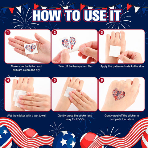 Swiffen 300 Pcs 4th of July Temporary Tattoos Stickers USA Red White and Blue Party Supplies Patriotic 4th of July Stickers Decorations for Independence Day Memorial Day Labor Day Party Favors