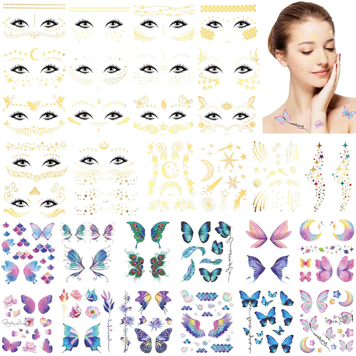 Dansib 32 Sheets Glitter Butterfly Face Temporary Tattoos Stickers for Girls Metallic Freckle Face Tattoo Wings Flowers for Kids Women Halloween Makeup Dancer Costume Party Favors