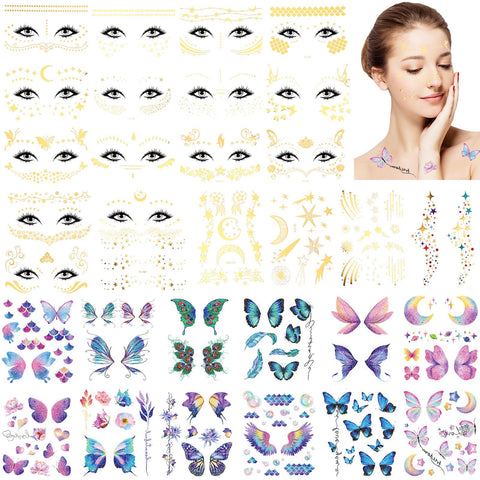 Dansib 32 Sheets Glitter Butterfly Face Temporary Tattoos Stickers for Girls Metallic Freckle Face Tattoo Wings Flowers for Kids Women Halloween Makeup Dancer Costume Party Favors