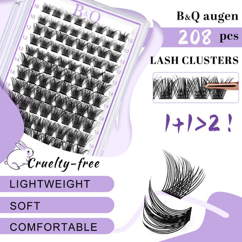 Lash Clusters 208 PCS Cluster Lashes Individual Lashes B02 Eyelash Extensions 10-18mm DIY Lash Extensions D Curl Volume Wispy Soft Comfortable Band False Lashes (D-10-18MIX,B02)