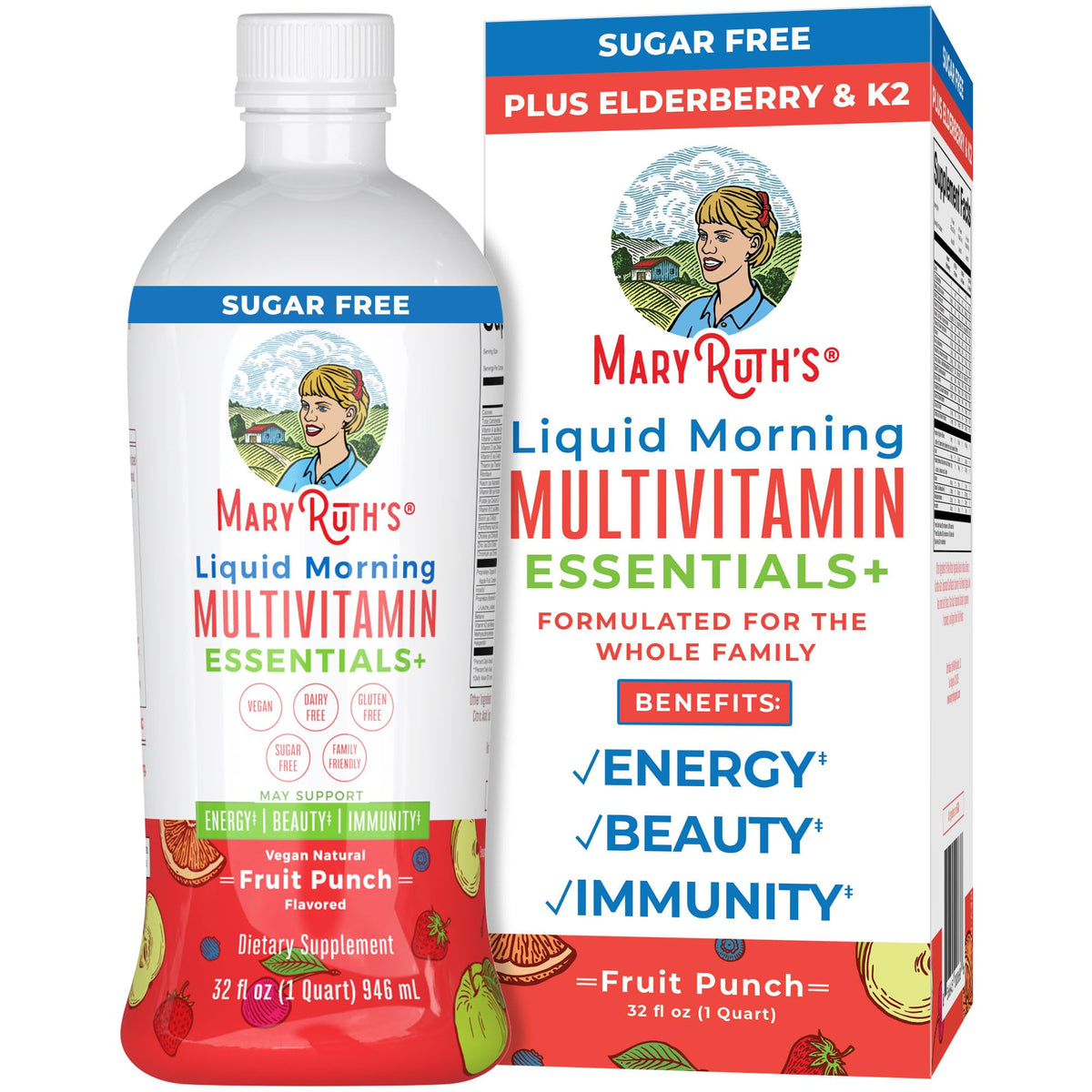 MaryRuth Organics Multivitamin Multimineral for Women Men & Kids | No Added Sugar | Vegan Liquid Vitamins for Adults & Kids | Energy & Beauty Booster | Non-GMO | 32 Fl Oz | Fruit Punch