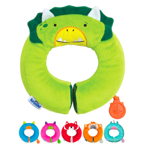 Trunki Kid's Travel Neck Pillow And Chin Rest | Support Sleepy Heads in the Car Seat, Plane, Bike or Pram | Yondi SMALL Dudley Dinosaur (Green)