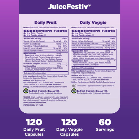Natrol JuiceFestiv Daily Fruit & Veggie with SelenoExcell and Whole-Food [Phyto]Nutrients, Dietary Supplement Supports Better Nutrition (& Overall Well-Being), 120 Capsules (Pack of 2), 60 Day Supply