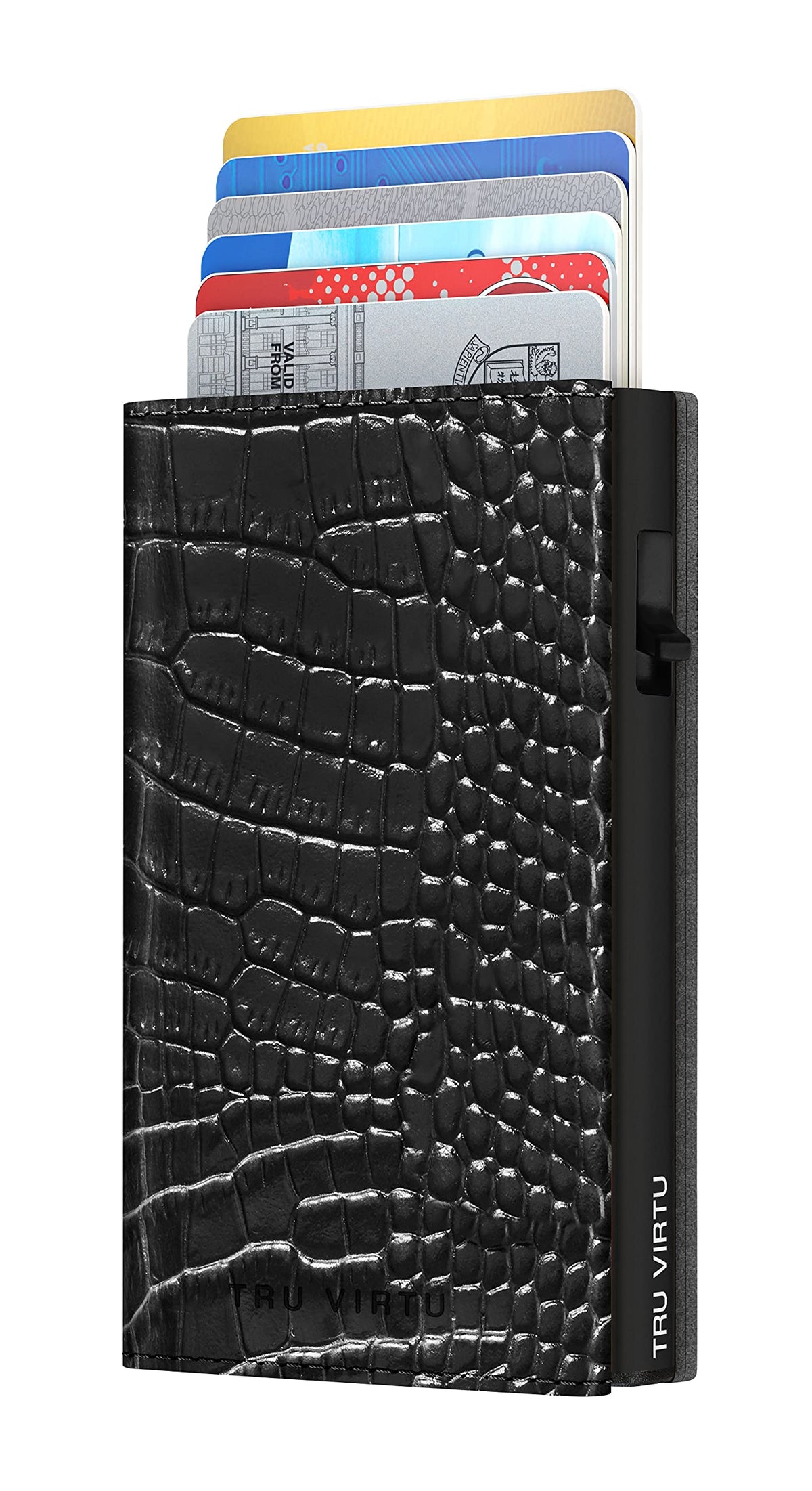 Tru VirtuÃ‚Â® Click & Slide Card Wallet Sleek I Credit Card Holder I Card Holder RFID NFC Protection I Wallet Made of Genuine Italian Leather I Slim Wallet (Croco Black/Black)
