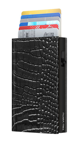Tru VirtuÃ‚Â® Click & Slide Card Wallet Sleek I Credit Card Holder I Card Holder RFID NFC Protection I Wallet Made of Genuine Italian Leather I Slim Wallet (Croco Black/Black)