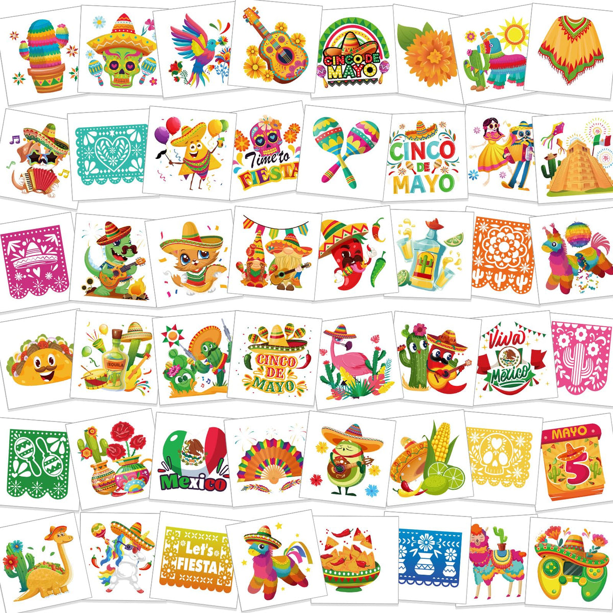 HOWAF 96 Pcs Mexican Cinco De Mayo Temporary Tattoos, 48 Styles Mexican Fiesta Party Supplies Tattoos for Birthday Cinco De Mayo Face Body Waterproof Tattoos Stickers for Mexican Party Decorations