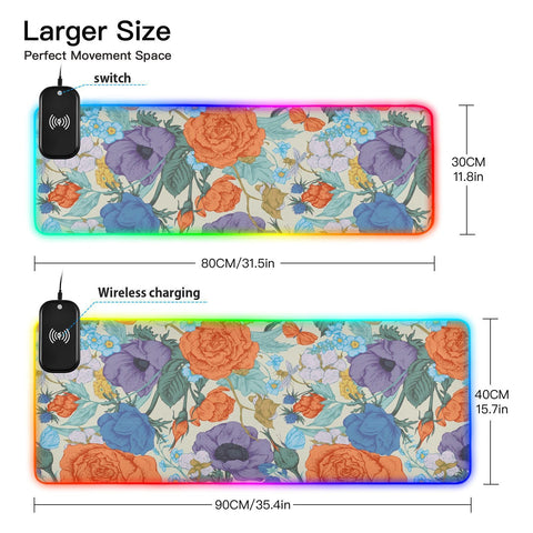 Flower Birds Leaves Vintage Wireless Charging Mouse Pad for Mobile Phone Extra Large Gaming Mousepad with 13 Lighting Modes Mouse Mat for Gaming MacBook PC Laptop Desk Office Home