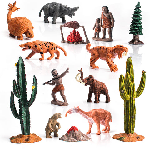 Fantarea Simulation Ancient Biological Model Figures Playsets 14 PCS Prehistoric Animals Primitive Humans Cavemen Living and Hunting Scene Toys for Boys Girls Kids