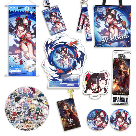 ShioewBy Honkai Star Rail Merch Set - Sparkle Badge, Acrylic Stand, Key Holder - Great Gift for Collectors and Special Occasions