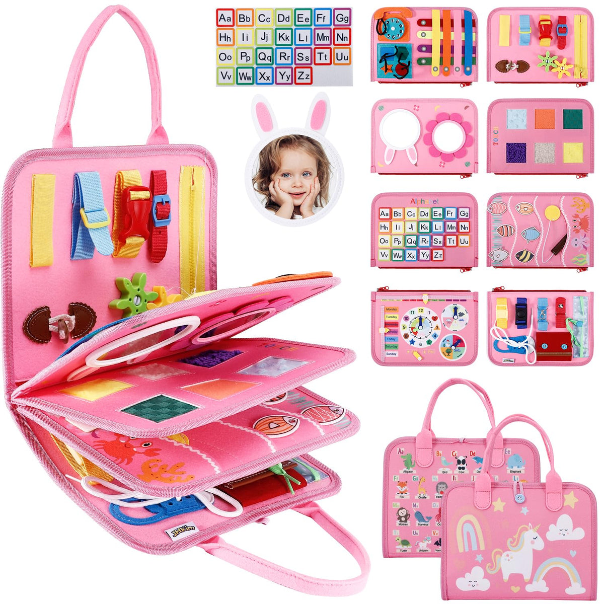 JHkim Busy Board for Toddlers, Montessori Toys for 1 2 3 4 Year Old to Learn Fine Motor Skill, Sensory Travel Toys Gifts for Age 1-4, Educational Activities Busy Book for Airplane Car (Pink)