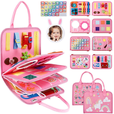 JHkim Busy Board for Toddlers, Montessori Toys for 1 2 3 4 Year Old to Learn Fine Motor Skill, Sensory Travel Toys Gifts for Age 1-4, Educational Activities Busy Book for Airplane Car (Pink)