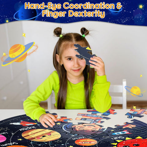 Hibility Space Large 70 Piece Round Floor Puzzles for Kids Ages 4-8, 3-5, 6-8, Large Jigsaw Puzzles Toys with Solar System Planets, Education Learning Kids Puzzles Gift, Popular Easter Gift for Kids