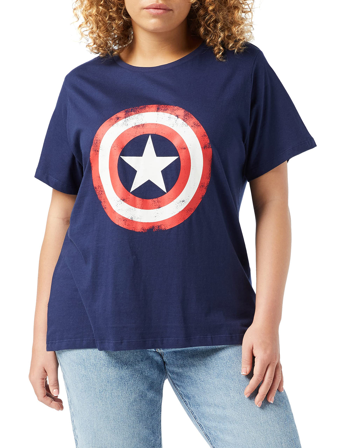 Marvel Avengers Assemble Captain America Distressed Shield Fitted T-Shirt, Womens, S-5XL, Navy, Official Merchandise
