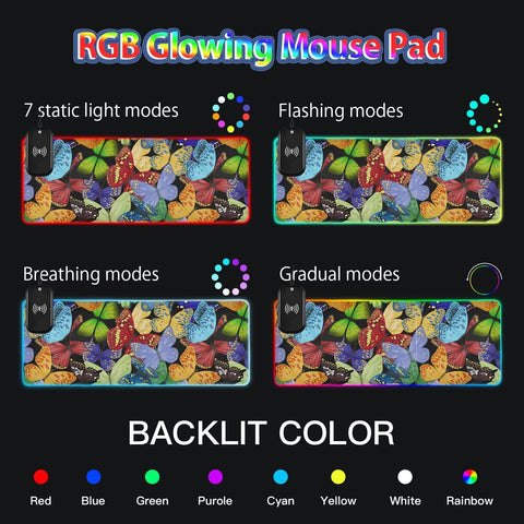 Butterfly Colored Insects Wireless Charging Mouse Pad for Mobile Phone Extra Large Gaming Mousepad with 13 Lighting Modes Keyboard Mat for Gaming MacBook PC Laptop Desk Office Home