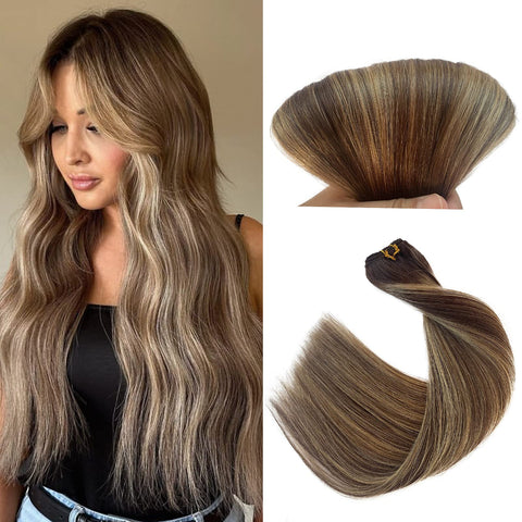 Weft Human Hair Extensions Balayage Brown Blonde Hair Wefts Real Human Hair Sew in Medium Brown Highlights Honey Blonde Bundle Sew in Hair Extensions Hand Tied Hair Weaves 20 Inch 100grams