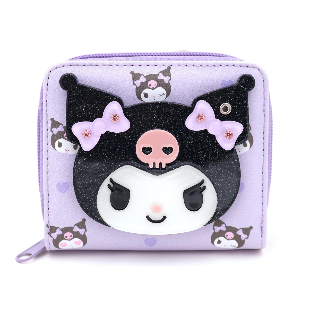 Cute Cartoon Kuromi-Rabbit Secret Mirror Lovely Violet Bifold Zip Around Vegan Leather Wallet with Cards Coin Bill Holder, Officially Licensed Character Design