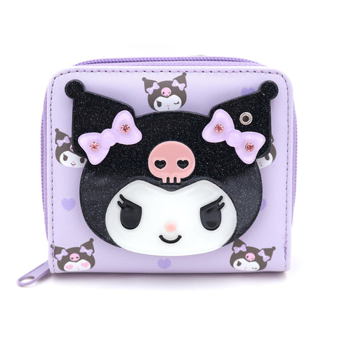 Cute Cartoon Kuromi-Rabbit Secret Mirror Lovely Violet Bifold Zip Around Vegan Leather Wallet with Cards Coin Bill Holder, Officially Licensed Character Design