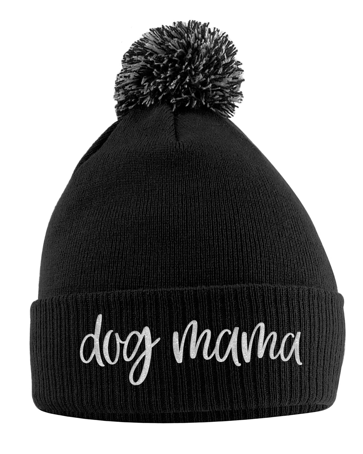 Purple Print House Dog Mama Bobble Hat, Dog Walking Accessories Birthday Gifts for Dog Mum Warm Winter Knitted Beanie Hat with Faux Fur Pom Pom for Womens Girls Mothers Day, One Size, Black