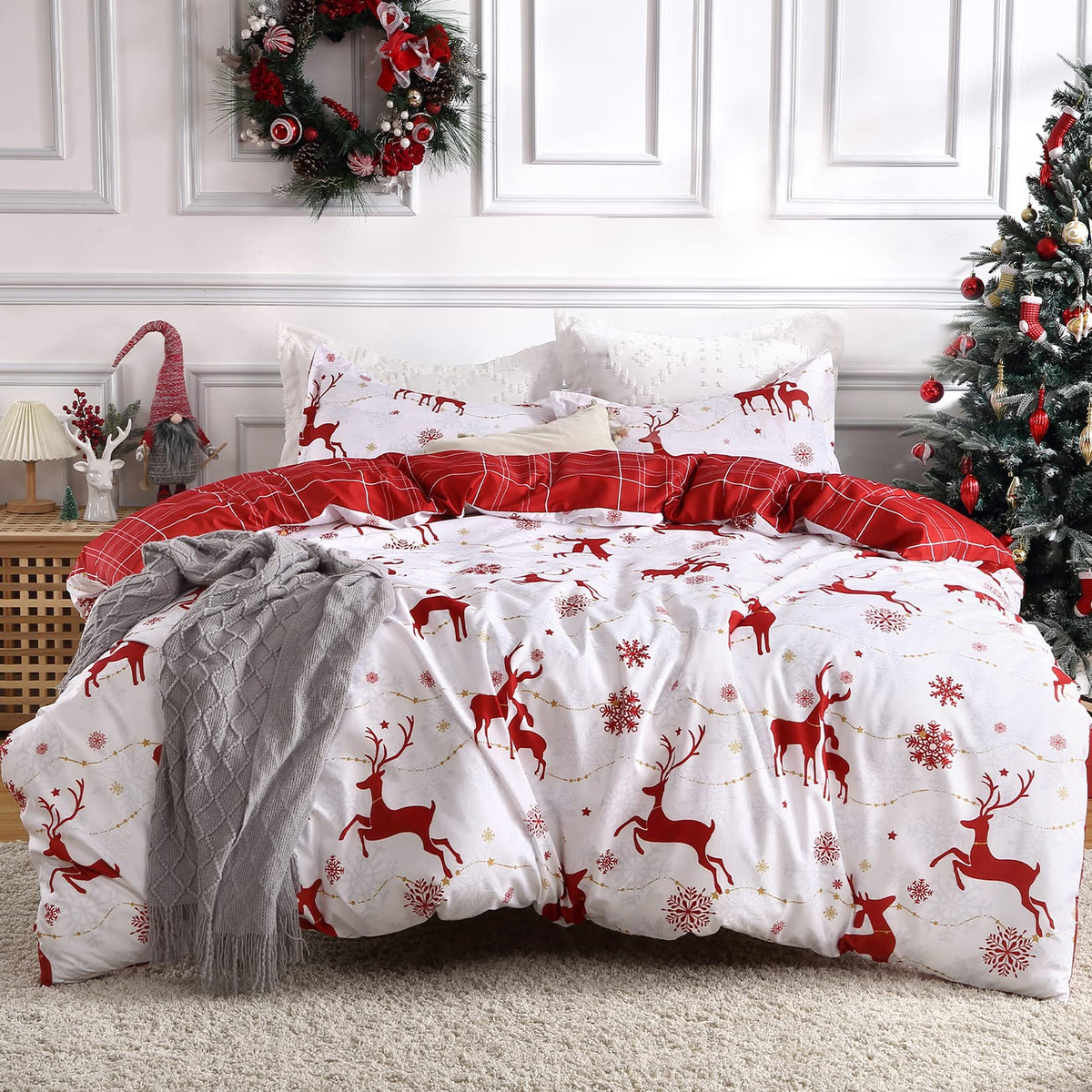 CAROMIO Christmas Duvet Cover Twin, Soft Microfiber Red Duvet Covers, Reversible Printed Comforter Cover Set Christmas Holiday Decorative Bedding (Christmas Reindeer and Snowflake, Twin)