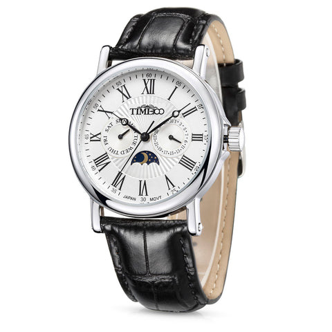 TIME100 Men's Watch Japan Quartz Watch for Men Multifunctional Leather Band Calendar Display Watch (White)