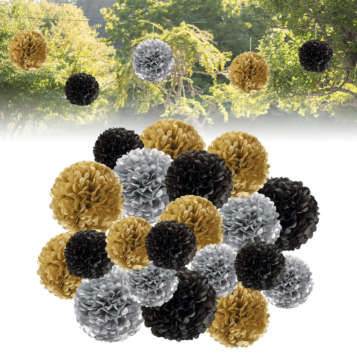 Forhandy 30 Pcs Party Decorations, Black Gold Tissue Paper Pom Poms Paper Flowers for Wedding Birthday Garden Party Decoration