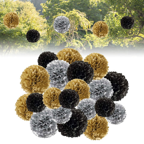 Forhandy 30 Pcs Party Decorations, Black Gold Tissue Paper Pom Poms Paper Flowers for Wedding Birthday Garden Party Decoration