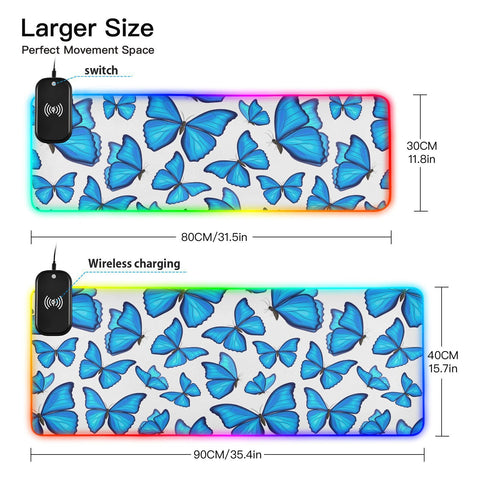 Blue Butterfly Wireless Charging Mouse Pad for Mobile Phone Extra Large Gaming Mousepad with 13 Lighting Modes Keyboard Mat for Office Home Gaming MacBook PC Laptop Desk