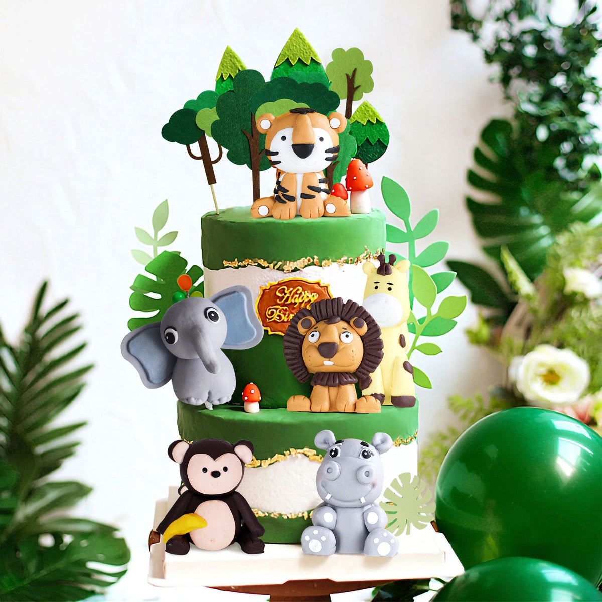JeVenis Safari Animals Cake Decoration Elephant Cake Decoration Jungle Animals Cake Decoration Wild One Cake Decoration Palm Leaves Cake Decoration Giraffe Cake Decoration