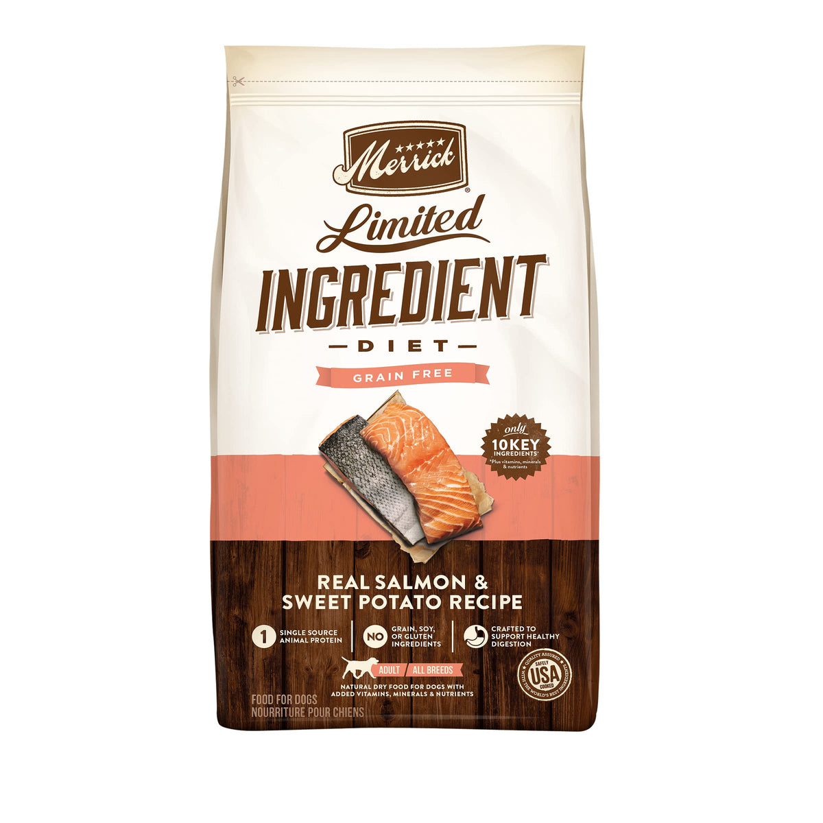 Merrick Limited Ingredients Diet Grain Free Salmon and Sweet Potato, Premium and Healthy Kibble Dry Dog Food, 4 lbs.