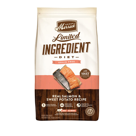 Merrick Limited Ingredients Diet Grain Free Salmon and Sweet Potato, Premium and Healthy Kibble Dry Dog Food, 4 lbs.