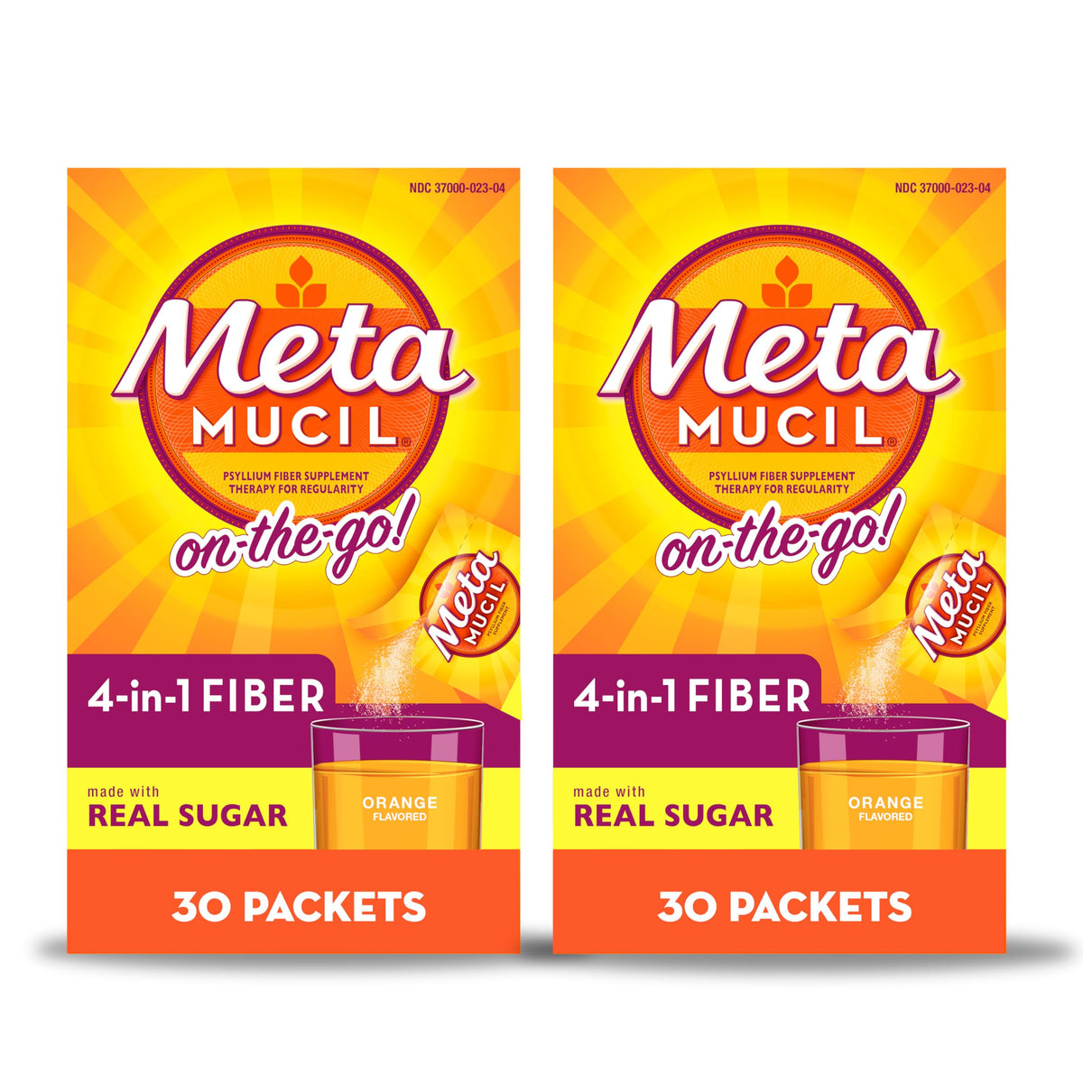 Metamucil On-the-Go, Daily Psyllium Husk Powder Supplement with Real Sugar, 4-in-1 Fiber for Digestive Health, Orange Smooth Flavored Drink, 2 pack x 30 count = 60 Packs Total
