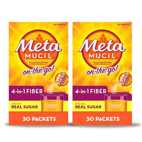 Metamucil On-the-Go, Daily Psyllium Husk Powder Supplement with Real Sugar, 4-in-1 Fiber for Digestive Health, Orange Smooth Flavored Drink, 2 pack x 30 count = 60 Packs Total