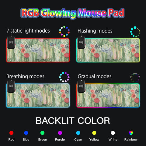 Floral Cactus Succulents Wireless Charging Mouse Pad for Mobile Phone Extra Large Gaming Mousepad with 13 Lighting Modes Computer Mat for Gaming MacBook PC Laptop Desk Home Office