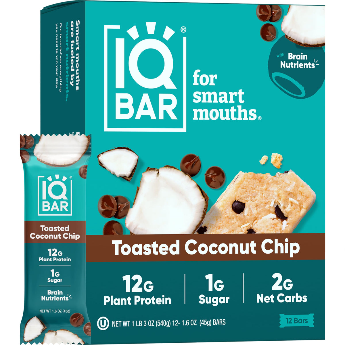 IQBAR Brain and Body Plant Protein Bars - Toasted Coconut Chip - 12 Count, Low Carb, High Fiber, Gluten Free, Vegan Snacks - Low Sugar Keto Energy Bar