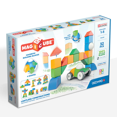 Geomag - Magicube 1+ Shapes - Magnetic Blocks for Kids - 4 Colours and Shapes - 32 Cubes - 100 Percent Recycled Plastic,Blue, Green, Yellow, Red