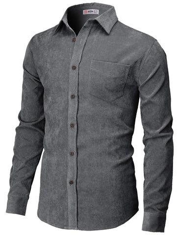 H2H Men's Casual Shirt Long Sleeve Classic Woven Shirt Work Shirt - Grey - Medium