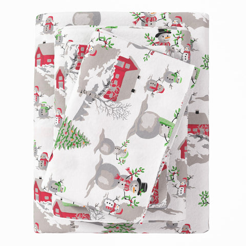 Great Bay Home 4 Piece 100% Turkish Cotton King Winter Lodge Flannel Sheet Set | Cotton Printed Bedding Sheets & Pillowcases | Double-Brushed Flannel Bed Sheets (King, Winter Wonderland)