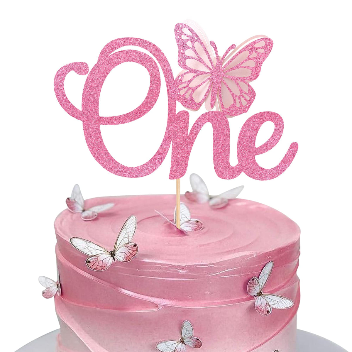 Rsstarxi 1 Pack Butterfly One Cake Topper Pink Glitter Baby Shower Butterfly 1st Birthday Cake Pick Decorations for Butterfly Theme Baby Shower Kids 1st Birthday Party Supplies