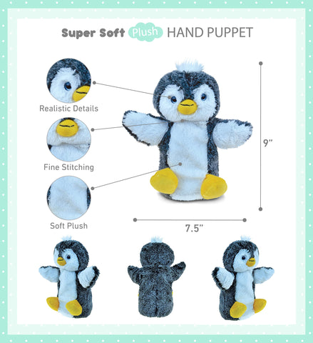 DolliBu Penguin Plush Hand Puppet for Kids - Soft Stuffed Animal Hand Puppet Toy for Puppet Show Games Puppet Theaters for Kids, Adult Cute Puppets Educational Toy to Teach Children & Toddlers