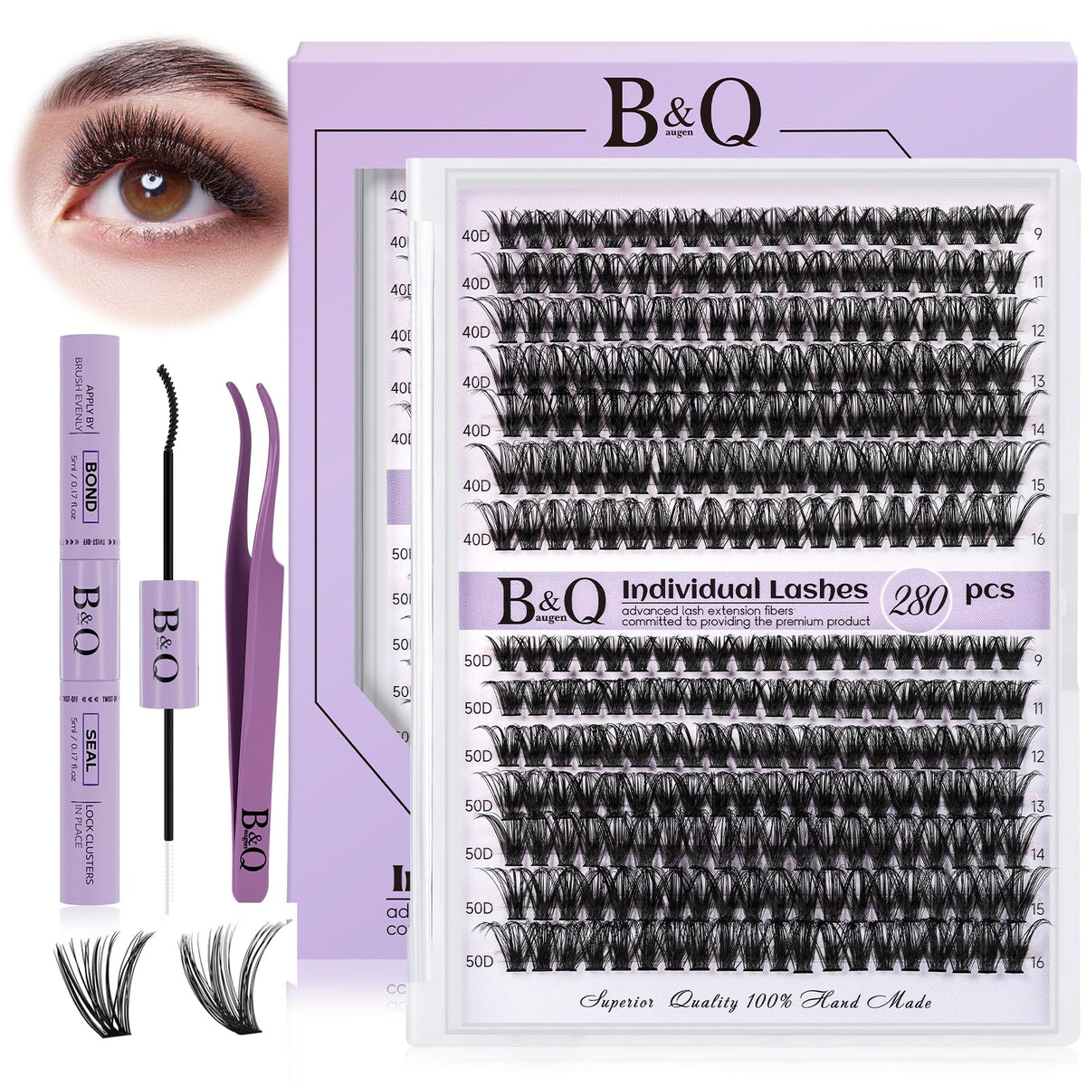 DIY Lash Extension Kit 280pcs Individual Lashes Cluster B&Q D Curl Eyelash Extension Kit Lash Clusters with Lash Bond and Seal and Lash Applicator Tool for Self Application (KIT,40D+50D-C-9-16MIX)