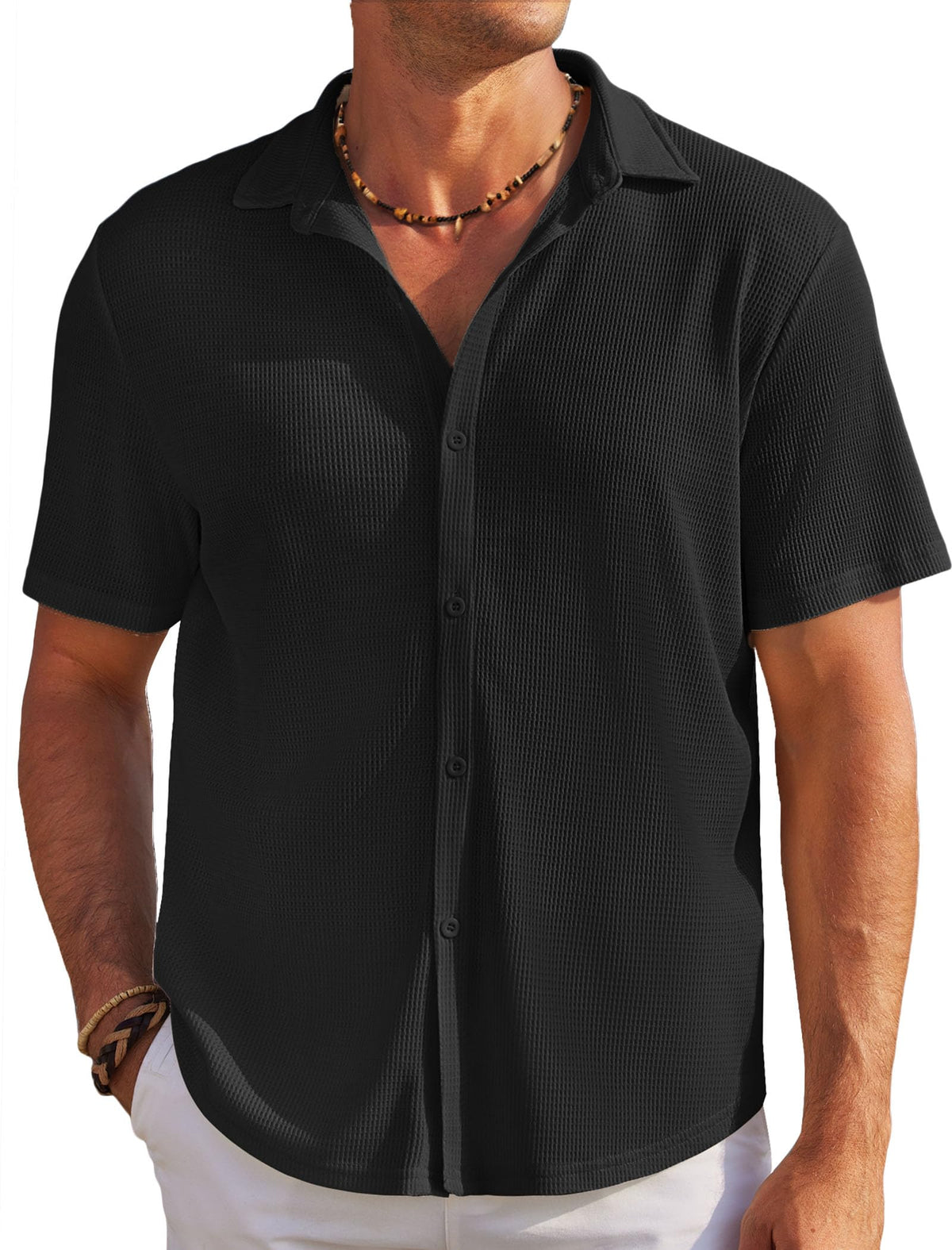 COOFANDY Men's Casual Button Down Shirts Short Sleeve Wrinkle Free Waffle Knit Shirts Black