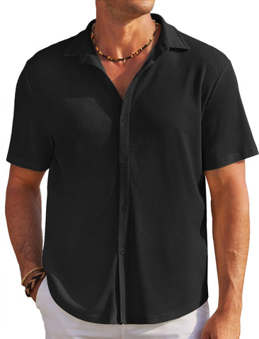 COOFANDY Men's Casual Button Down Shirts Short Sleeve Wrinkle Free Waffle Knit Shirts Black