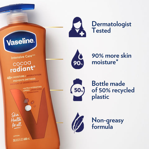 Vaseline Intensive Care Body Lotion Cocoa Radiant 4 ct for Dry Skin with Ultra-Hydrating Lipids and Pure Cocoa Butter for a Long-Lasting, Radiant Glow 20.3 oz