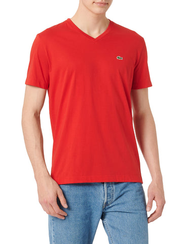 Lacoste Mens Short Sleeve Jersey Pima Reg Fit V Neck T-Shirt, Red, Small