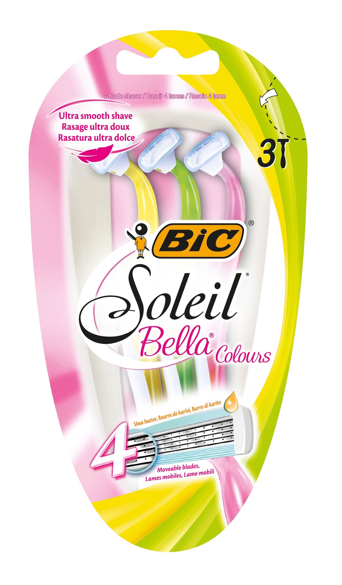 BIC Soleil Bella Colours 4-Blade Lady Razors - Pack of 3 - Spring Mounted Blades with Pivoting Head for Ultra Smooth Shave