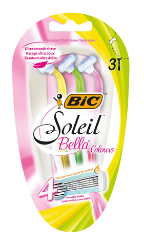 BIC Soleil Bella Colours 4-Blade Lady Razors - Pack of 3 - Spring Mounted Blades with Pivoting Head for Ultra Smooth Shave